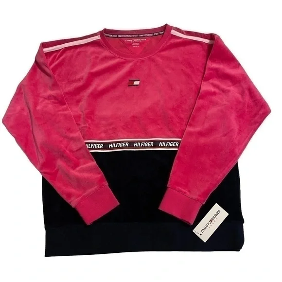 Women’s TOMMY HILFIGER Sport Pink and Black Velour Crewneck Sweatshirt Top NWT - Picture 2 of 6